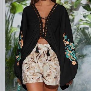 Lace up high low blouse - SHEIN